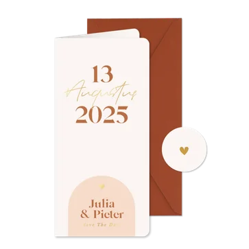 Trendy save the date kaart met oranje boogje en goudfolie